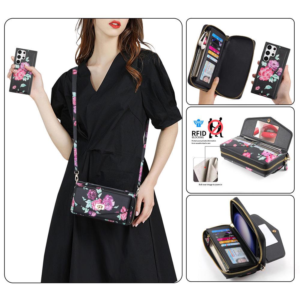 Crossbody Flower Wallet Leather Case For Samsung Galaxy S25 S24 Ultra S23 S22 Note 20 Detachable Wristband Cards Phone Cover