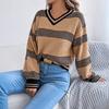 GMXIA Autumn Winter V-neck Contrasting Color Striped Lantern Long-sleeved Pullover Sweater Women's Wear