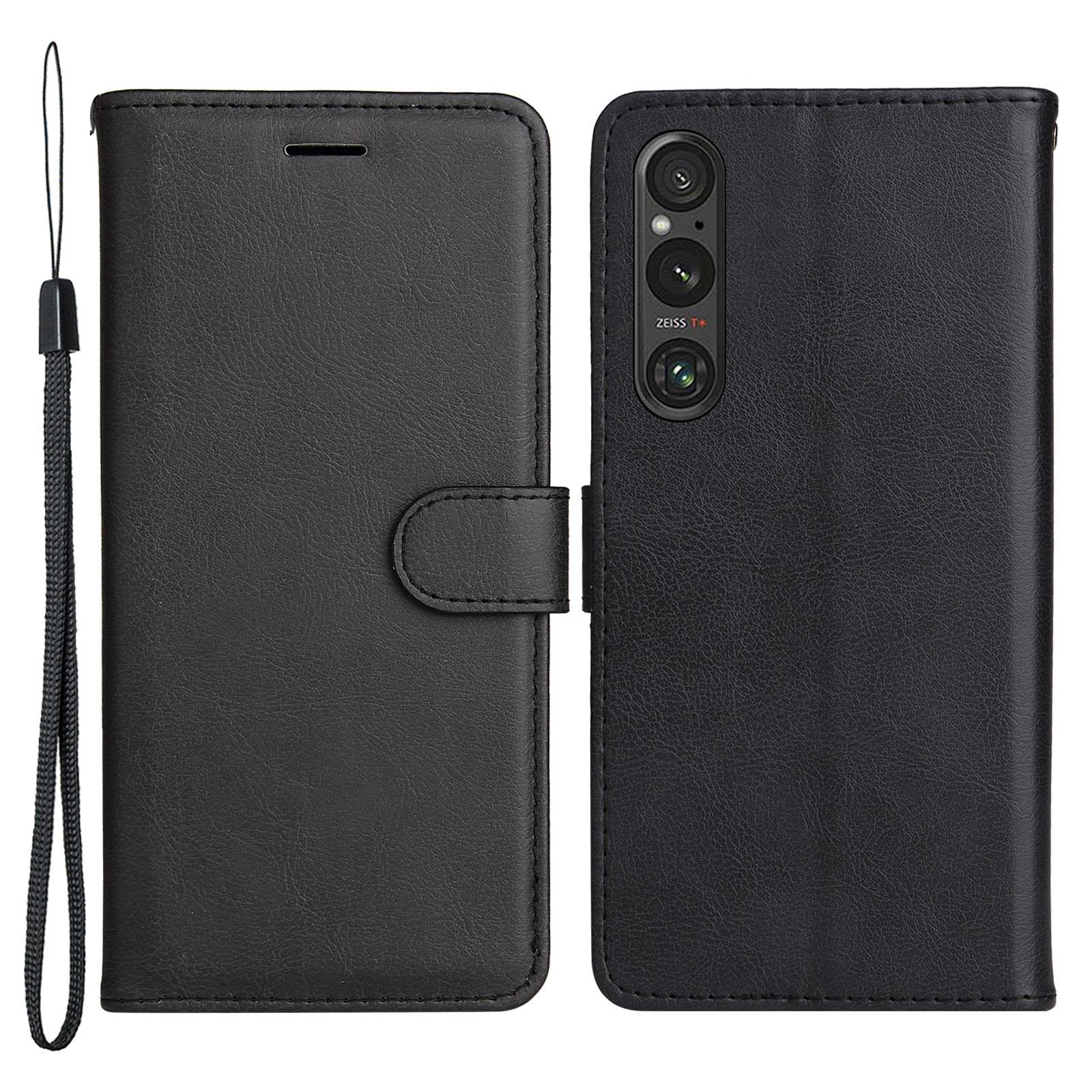 

For Sony Xperia 1 V Case Solid Color Leather Mobile Cover Wallet Stand with Strap Black