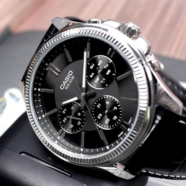Casio Round Fluted Bezel Silver Black Men's Fashion Leather Wristwatch