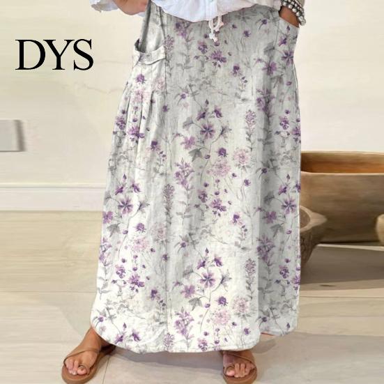 Women Summer Skirt Maxi Elastic Waist Flower Leaf Printed Casual Bohemia Style A-Line Loose Bubble Beach with Pockets A-line