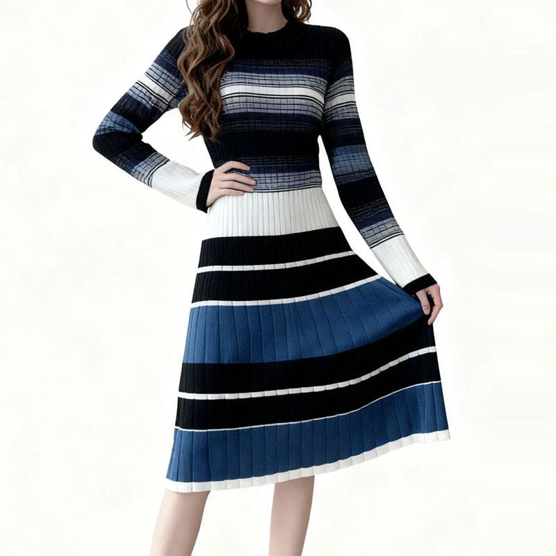 Damen Vintage Gestreiftes Strickpulloverkleid Mode Midikleid Herbst Winter Warme Kleidung