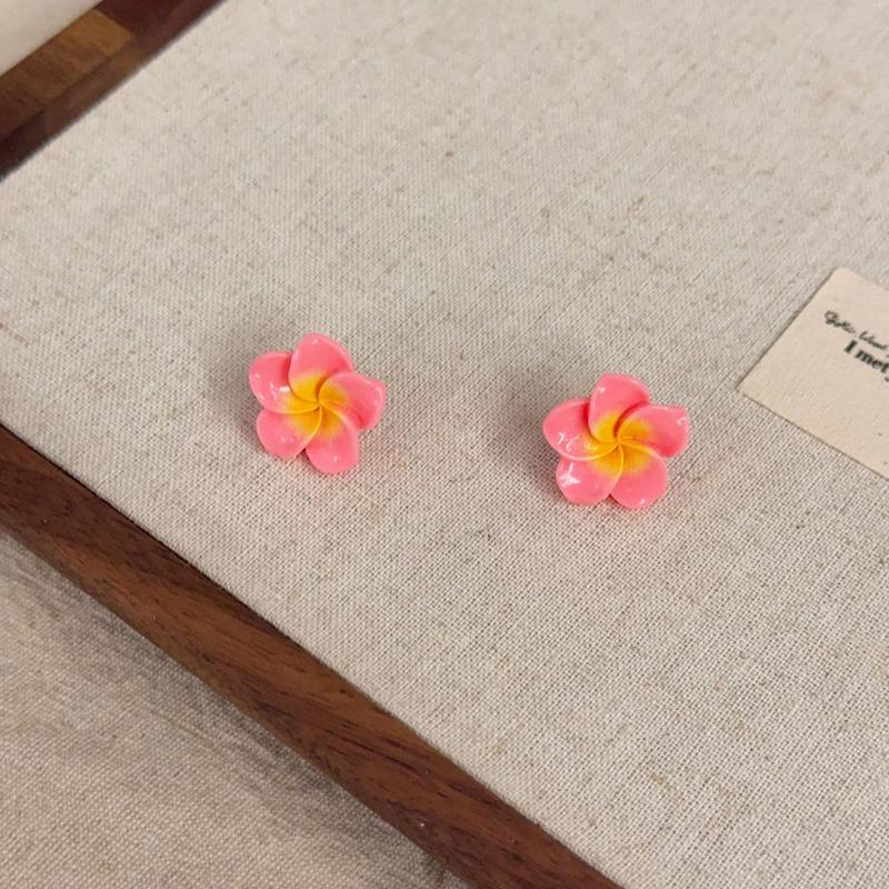 Women's Fashion Simple Resin Frangipani Flower Necklace & Earrings Set Gradient Color Plumeria Choker Chain Beach Jewelry Gift