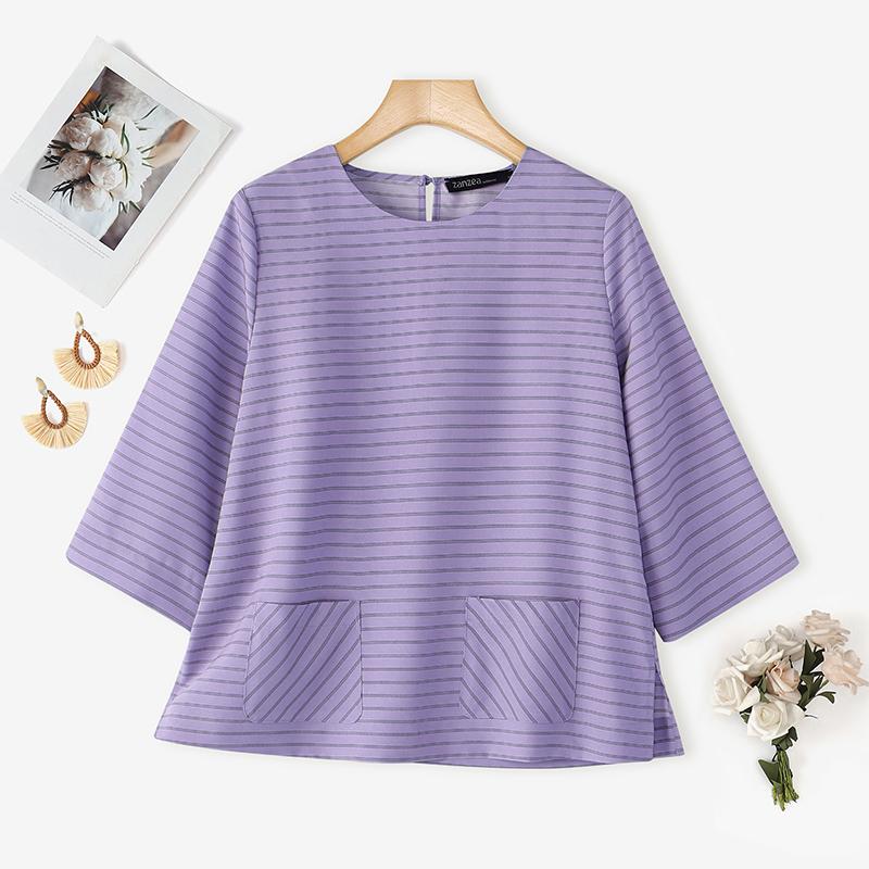 

ZANZEA Женская повседневная блузка с круглым вырезом, свободного кроя, с рукавами 3/4 и полосатым принтом 5XL фиолетовый