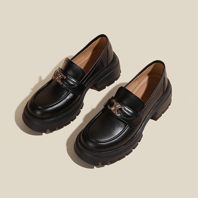Thick-soled Middle Heel College Style Small Leather Shoes Women's Pair C Buckle Single Shoes Round Head
