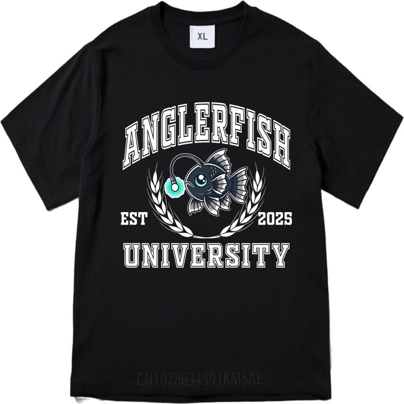 Fashion Summer Man Tshirt Anglerfish University Est 2025 Fish Emblem Short Sleeve Relaxed Fit Round Neck Tshirt Teeshirt Male