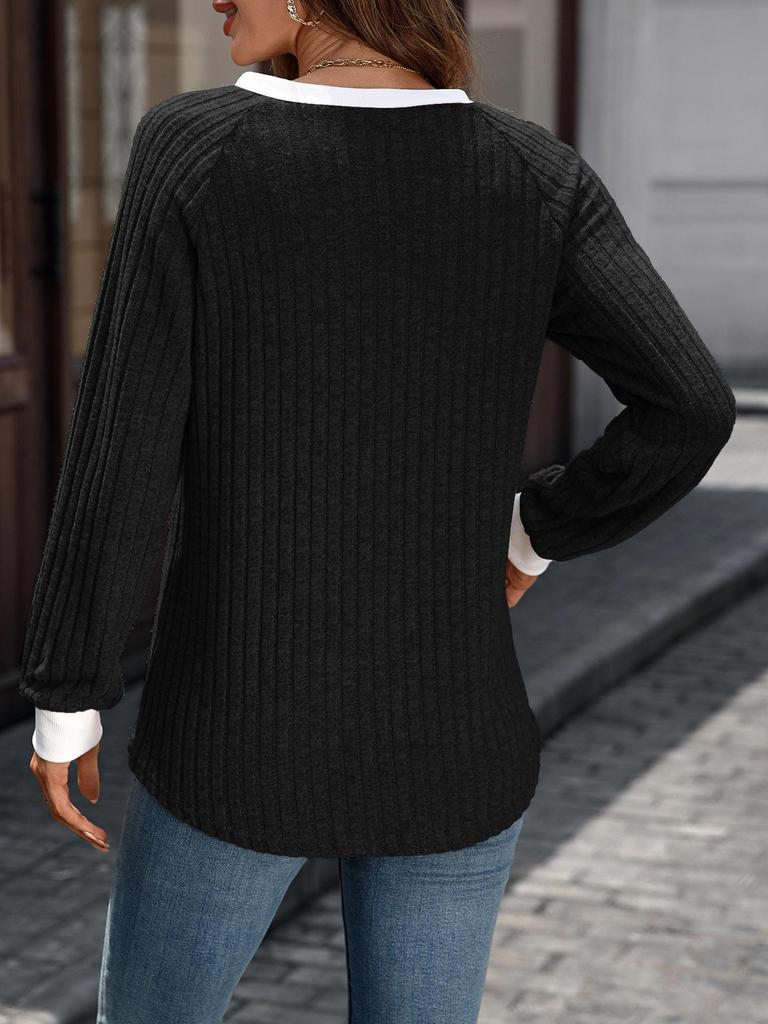 Women's Autumn/Winter V-Neck Color-Blocked Ribbed Sweater T-Shirt
