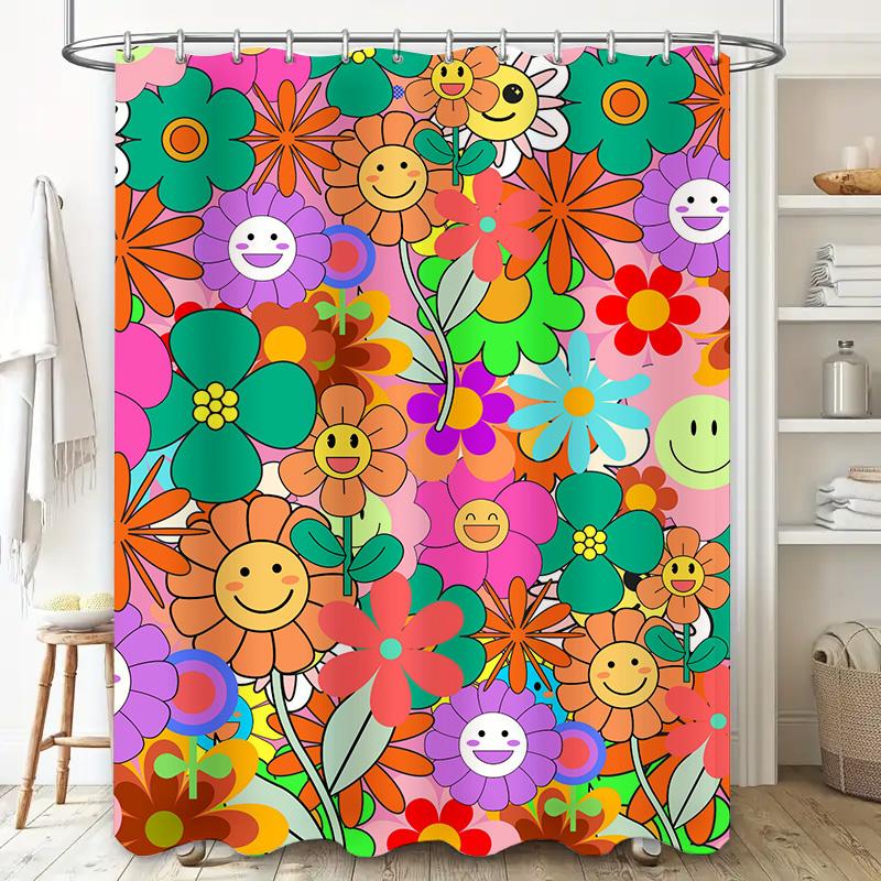 Vibrant Floral Shower Curtain with Happy Faces Add a Pop of Color to Your Bathroom Decor