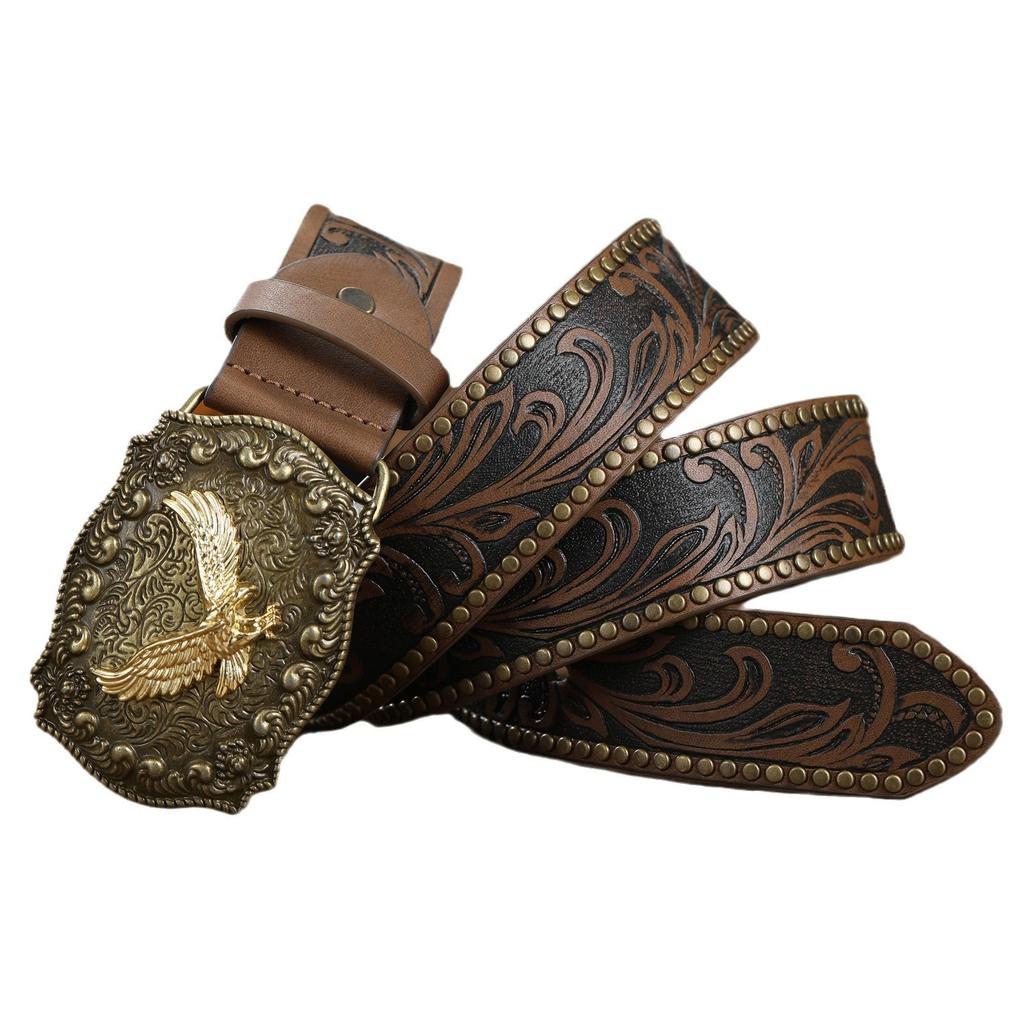 Vintage Western Denimbelte Ku hode Stor plate spenne Denim Gravert Etnisk stil Herre Punk PU lærbelte