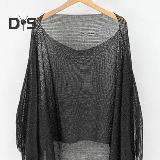 Summer Beach Mesh Cover Up Tassel Decor See Through Loose Swimsuit Thin Sunshade Beachwear Blouse Irregular Holiday Sexy Long Bikini Top