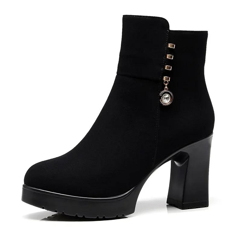 Plus Size 33-43 Quality Fuax Suede Black Block High Heels Boots Winter Shoes Women 2025 Thick Platform Ankle Botas for Office