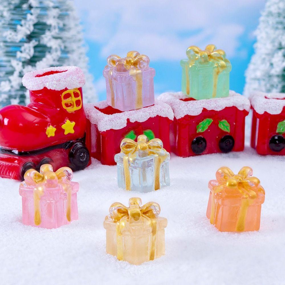 6 Stück Mikrolandschaft Weihnachten Leuchtende Geschenkbox Mini Harz Leuchtende Geschenkbox Figuren Niedliche DIY Bastelarbeiten Auto Kleine Ornamente