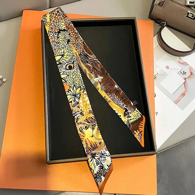 Women Narrow Thin Scarf Horse Print Long Ribbon Scarf Handle Bag Multi-Function Decorative Neckerchief Hair Tie Band