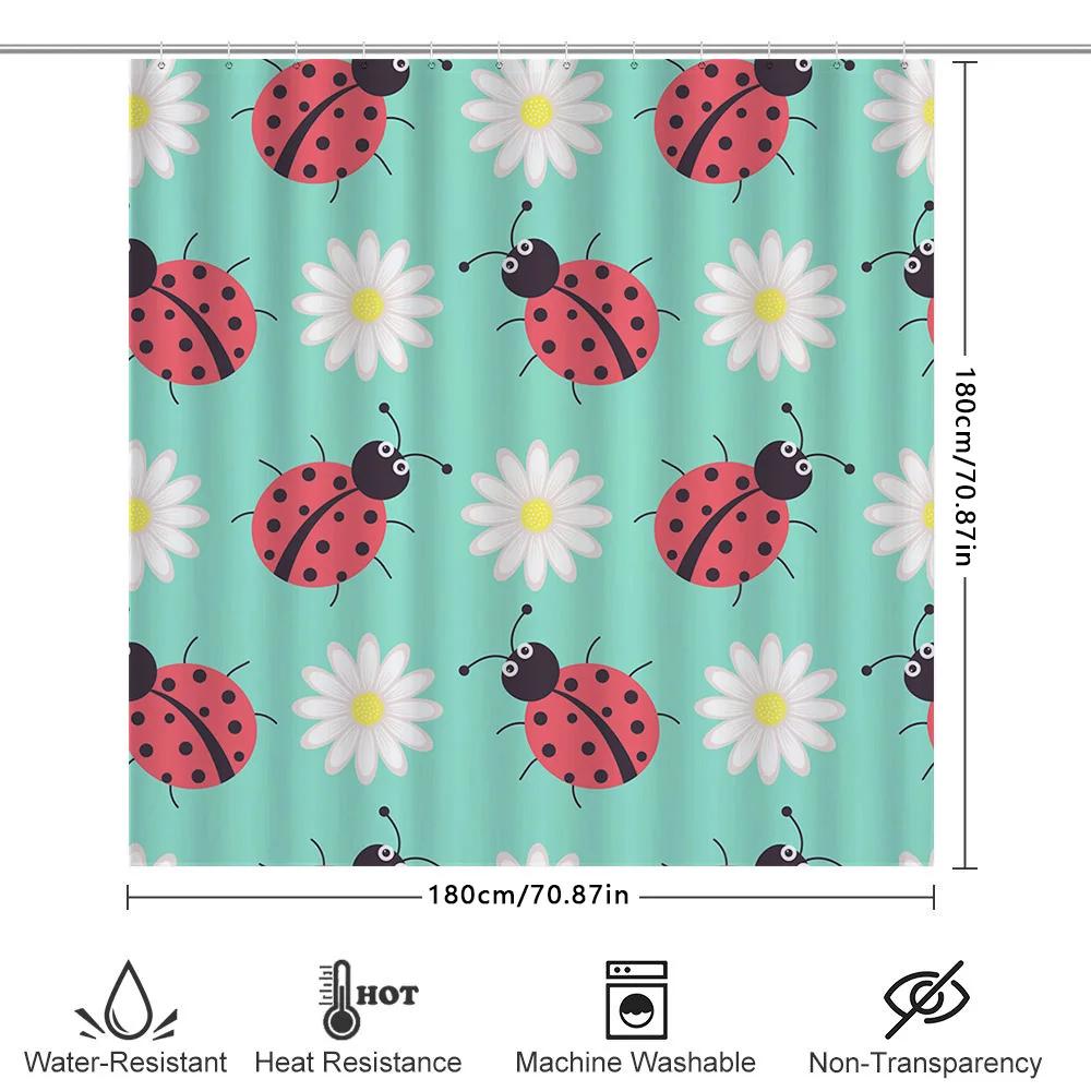 Vintage Ladybug Daisy Shower Curtain Set For Bath Decor Blue Floral Pattern With Hooks Included