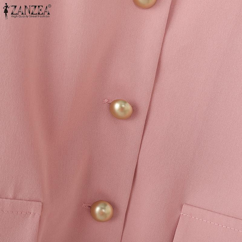 ZANZEA Women Casual Lapel Neck Short Sleeve Solid Color Office Short Blouse