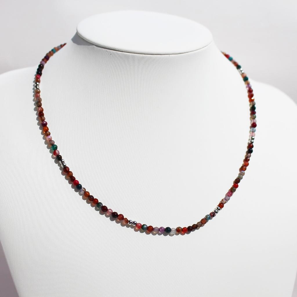 Handmade Original Jewelry Faceted Colored Natural Stone Beaded Necklace Stacked With Very Fine Collarbone Chain 772