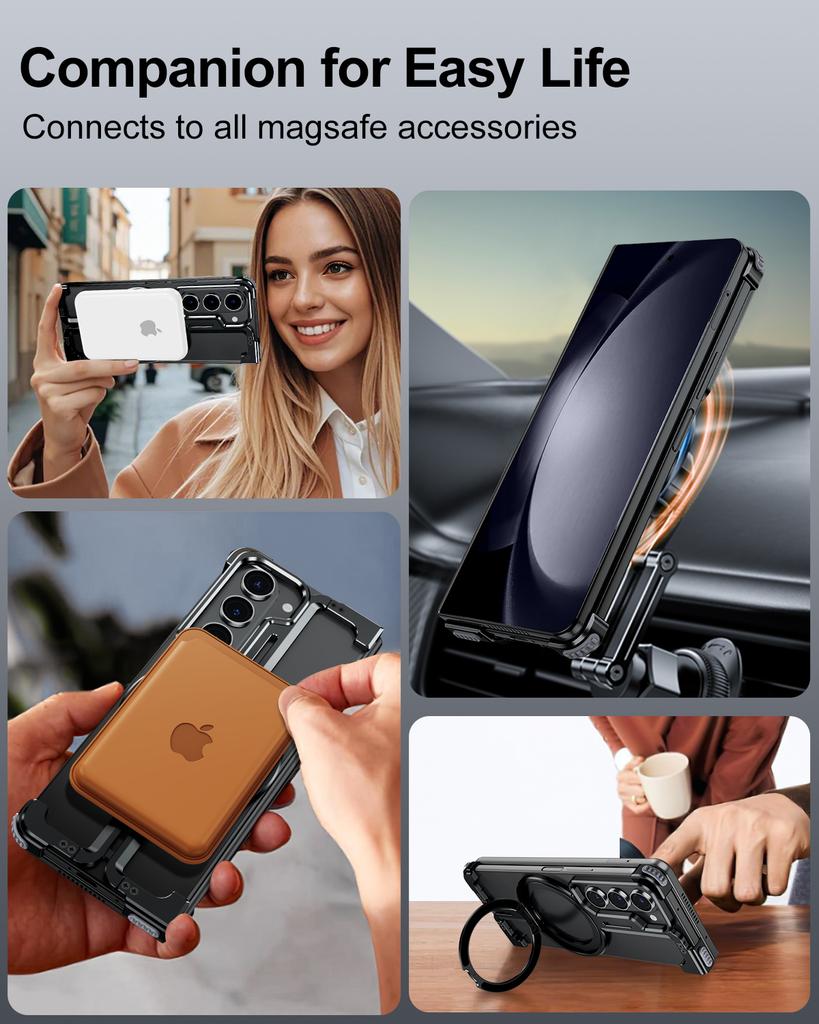 Oatsbasf Metal Magnetic Phone Case for Samsung Galaxy Z Fold 7 with Stand 360°Rotating for Magsafe Wireless Charging Frameless