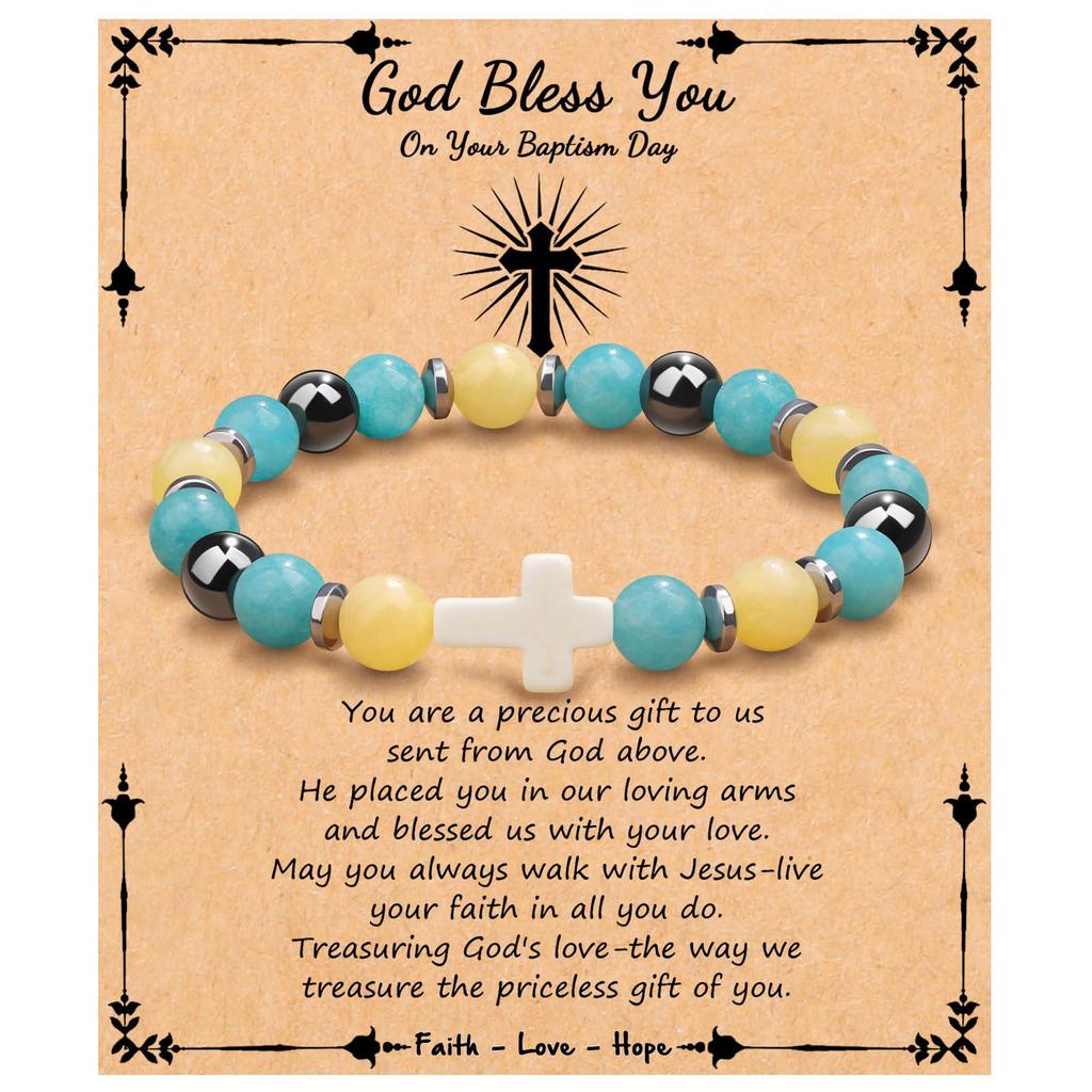 Emperor Stone Pink Zebra Beaded Bracelet with Cross Charm