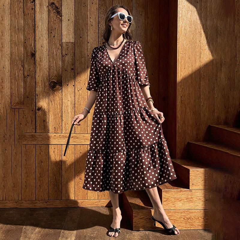 Polka Dot Printed V-Neck Dress Puff Sleeve High Waist Ruffle Tiered French Vintage Midi Dress