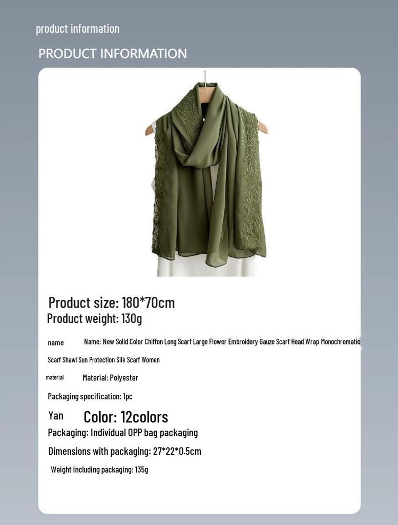 Sciarpa da Donna in Chiffon Monocolore con Grande Ricamo Floreale – Versatile Sciarpa di Seta & Protezione Solare