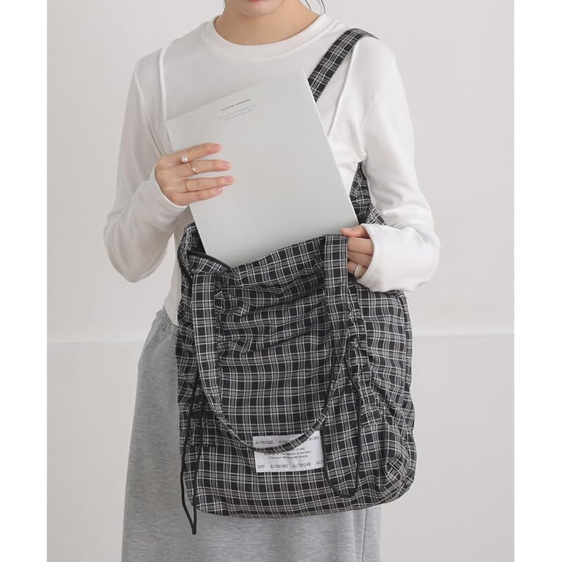 [Alto Rose] Black Tote Bag Ladies Barney Tote Plaid Pattern Gather Check Nylon Cotton A4 Lightweight Light Shopping Simple Pattern Plain Color Commute