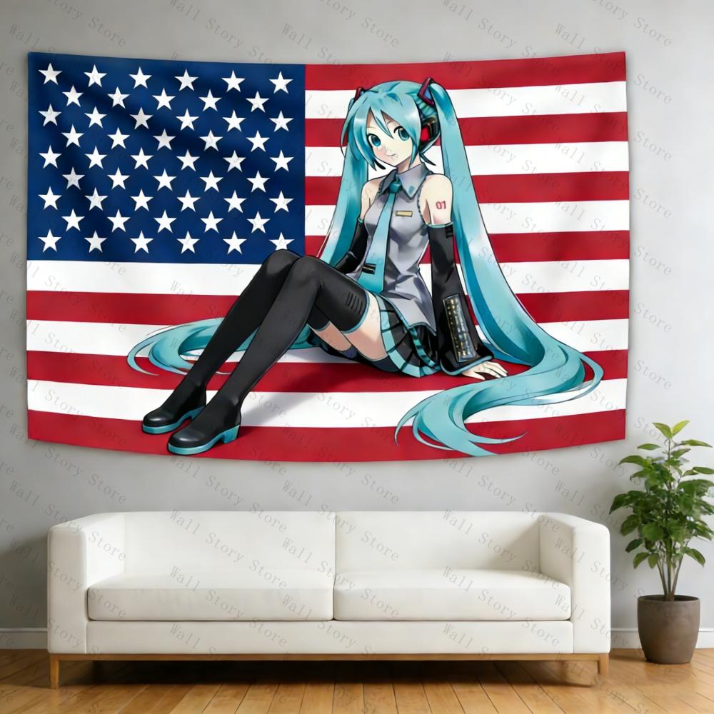 Miku American Flag Tapestry Anime Background Dormitory Bedhead Tapestry Living Room Tapestry Bedside Sofa Background Tapestry
