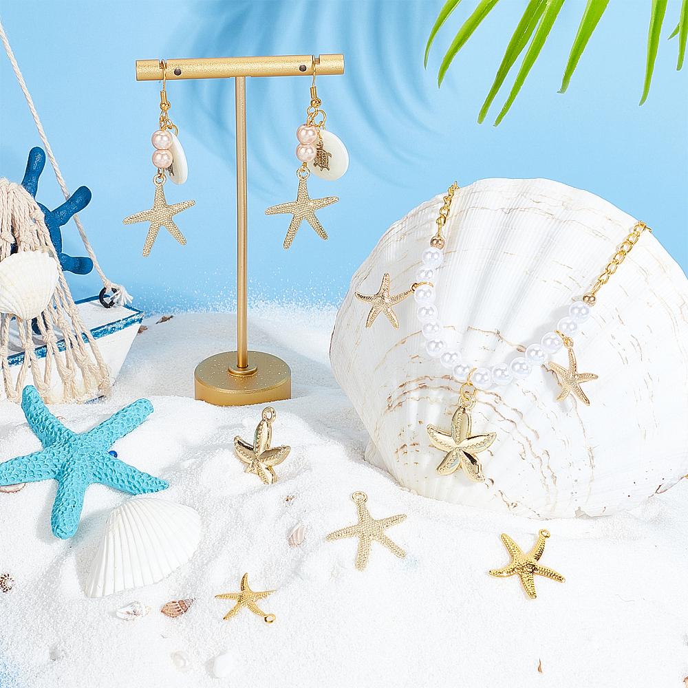 50Pcs 5 Style Iron & Alloy & Brass Pendants Starfish/Sea Stars Light Gold 17.5~24x15.5~22x1~3mm 10pcs/style