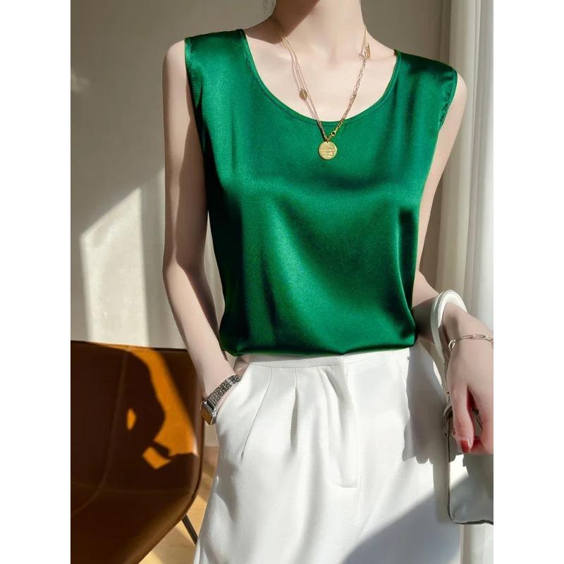 Summer Silk Camis Women's T Shirts Sleeveless Vest Satin Tank Tops Office Elegant Fashion O Neck Champagne BlouseTop Women