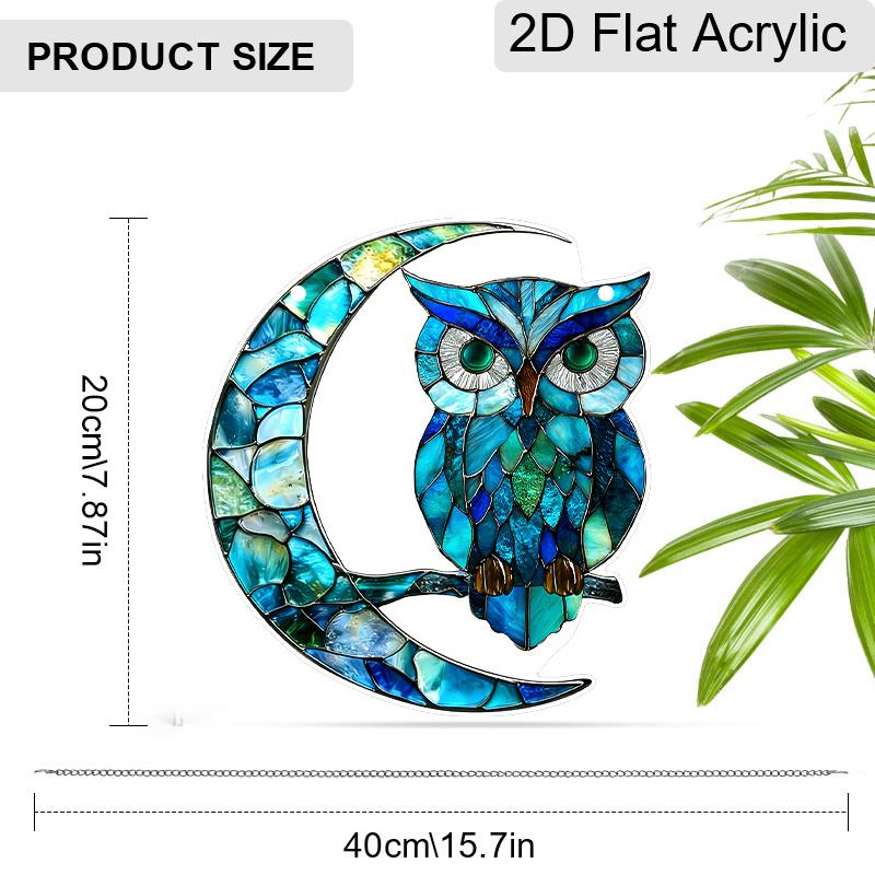 Acryl Blaue Eule auf Halbmond-Sonnfänger, Fensterbehang mit Buntglas-Effekt für Eulen- und Nachthimmelliebhaber Geschenke