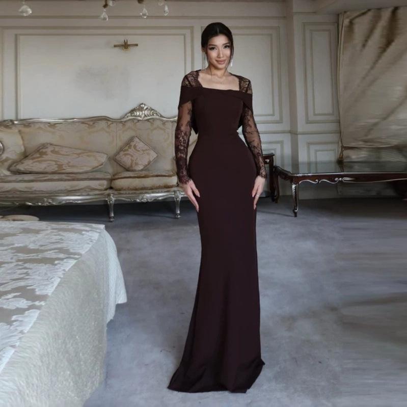 Women's Light Luxury Lace Splicing Square Neck Long Sleeve Dress Women's Waist Wrap Hips Skinny Long Dress