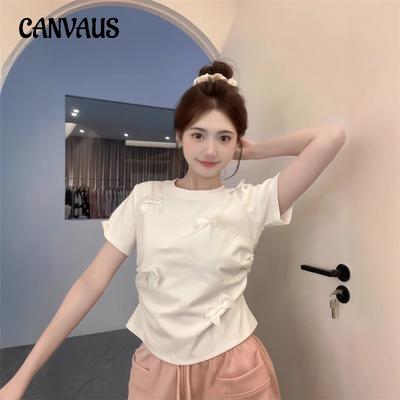 Women's Short-sleeved Shoulder T-shirt Stereoscopic Bow Korean Sweet Sister No Waist Top