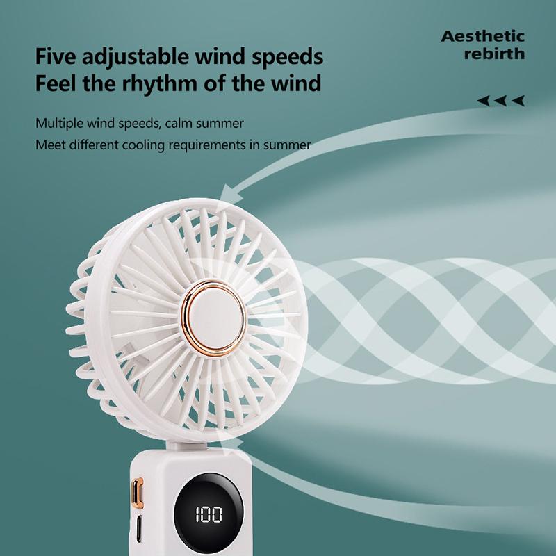 Portable Handheld Personal Rechargeable Fan Led Digital Display 90°Adjustable Rechargeable Fan 5 Speed Wind With Lanyard