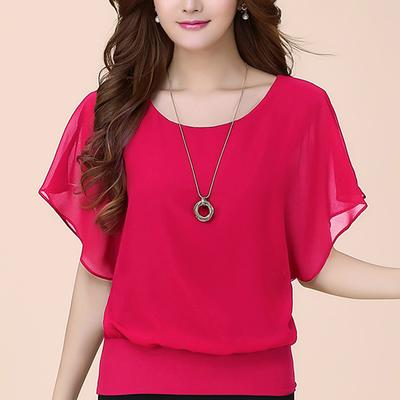 Women Fashion Chiffon Blouse Summer Solid Color O-neck Loose Tops