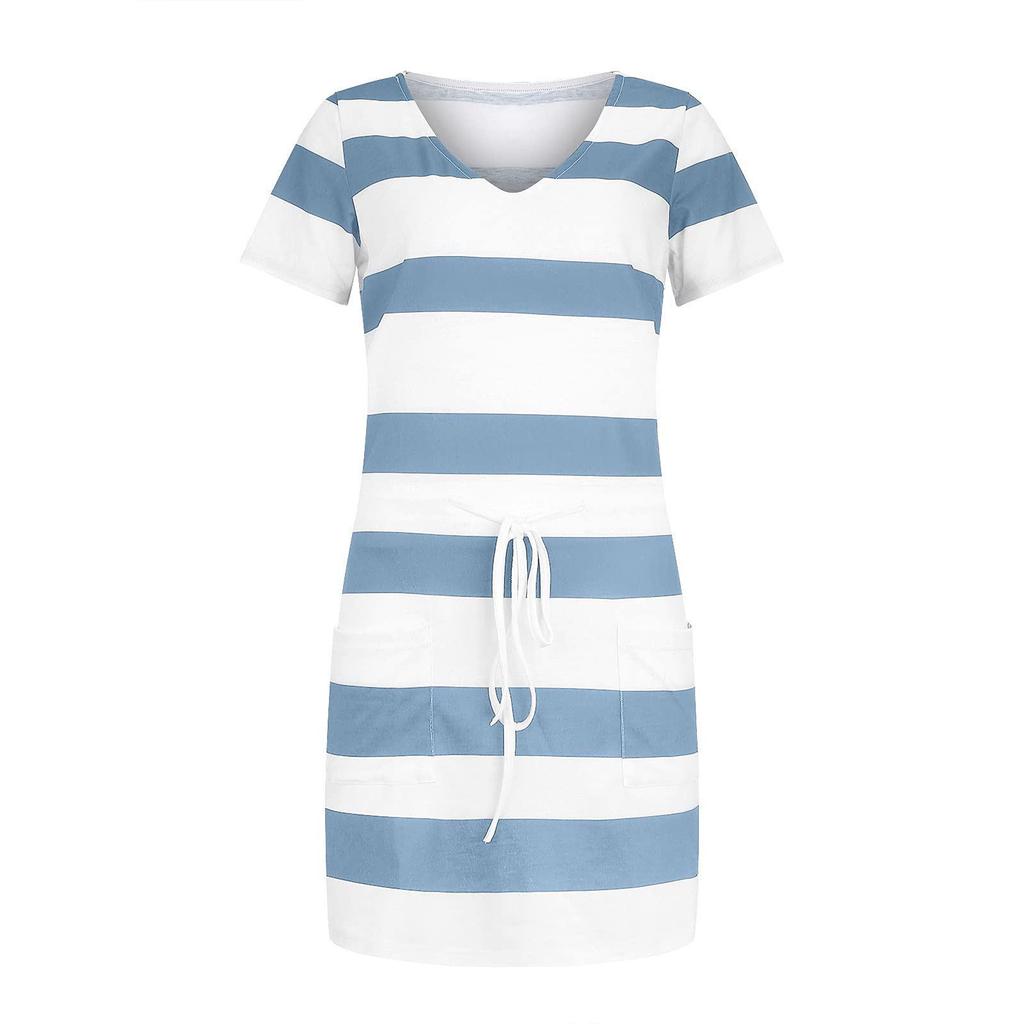 2023 Summer Women's Striped Short Sleeve Dress with Drawstring Mini Skirt
