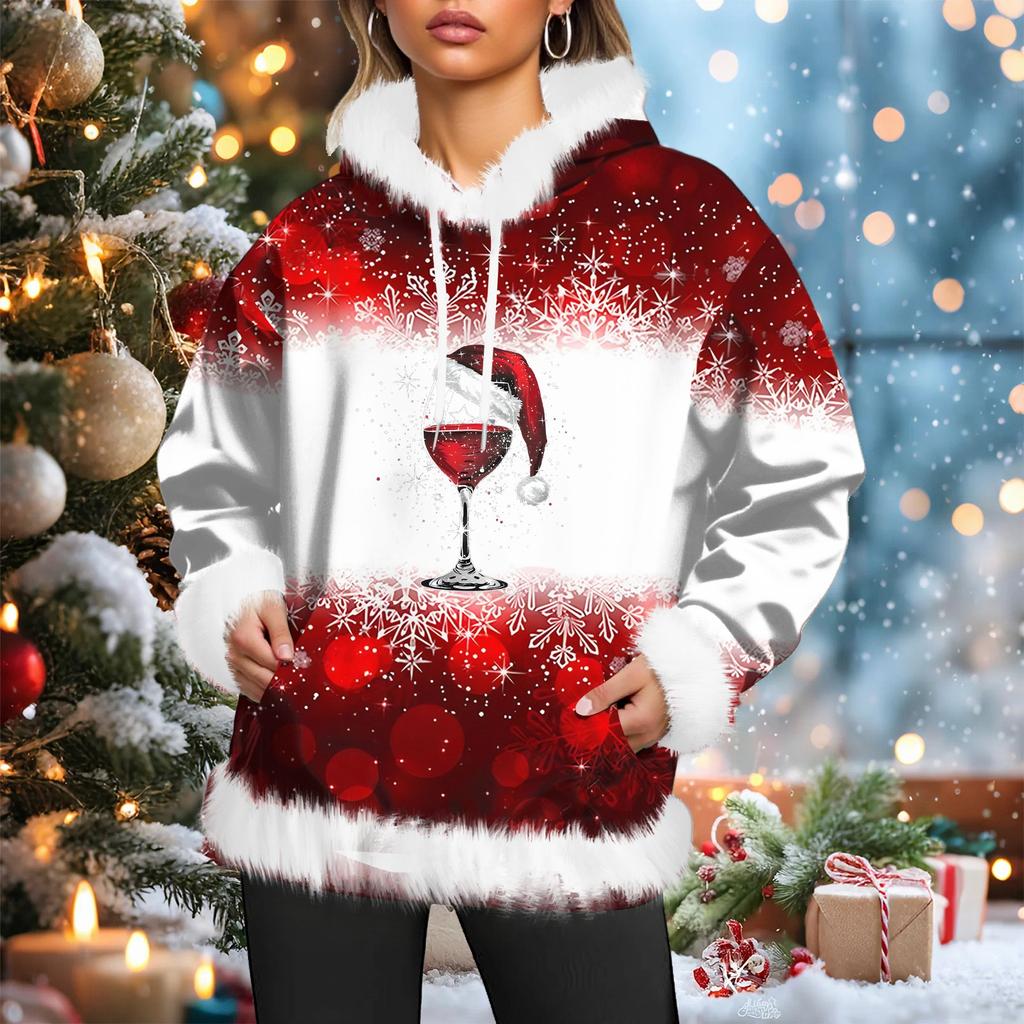 Dámská vánoční ležérní mikina s kapucí podšitá fleecem, s dlouhým rukávem a kapsami