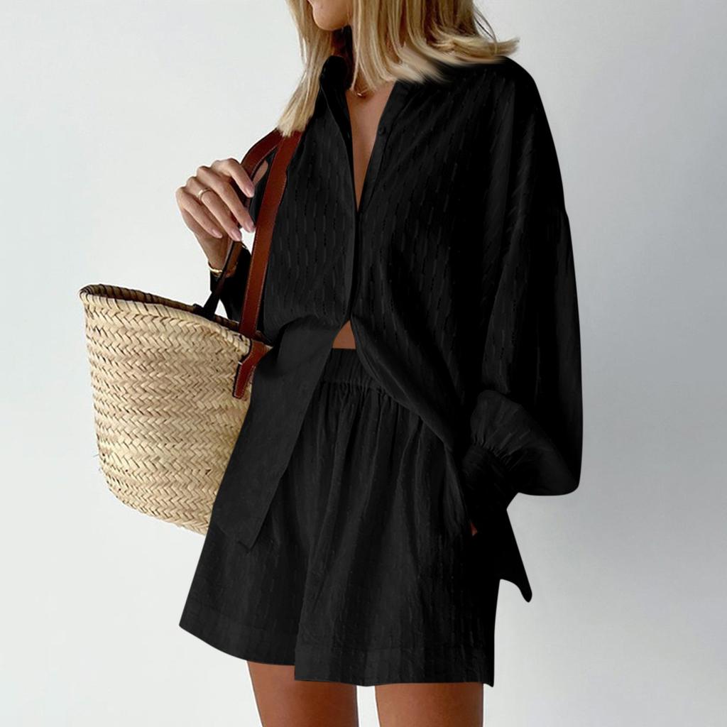 Casual Fashion Color Women's Shirts Puff Sleeves Elegant Tops Shorts Casual Suit