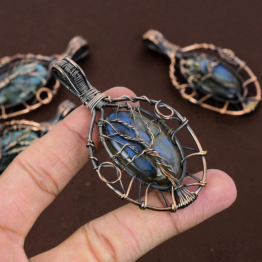 Labradorite Gemstone Copper Wire Wrap Tree Of Life Pendant 3.15"