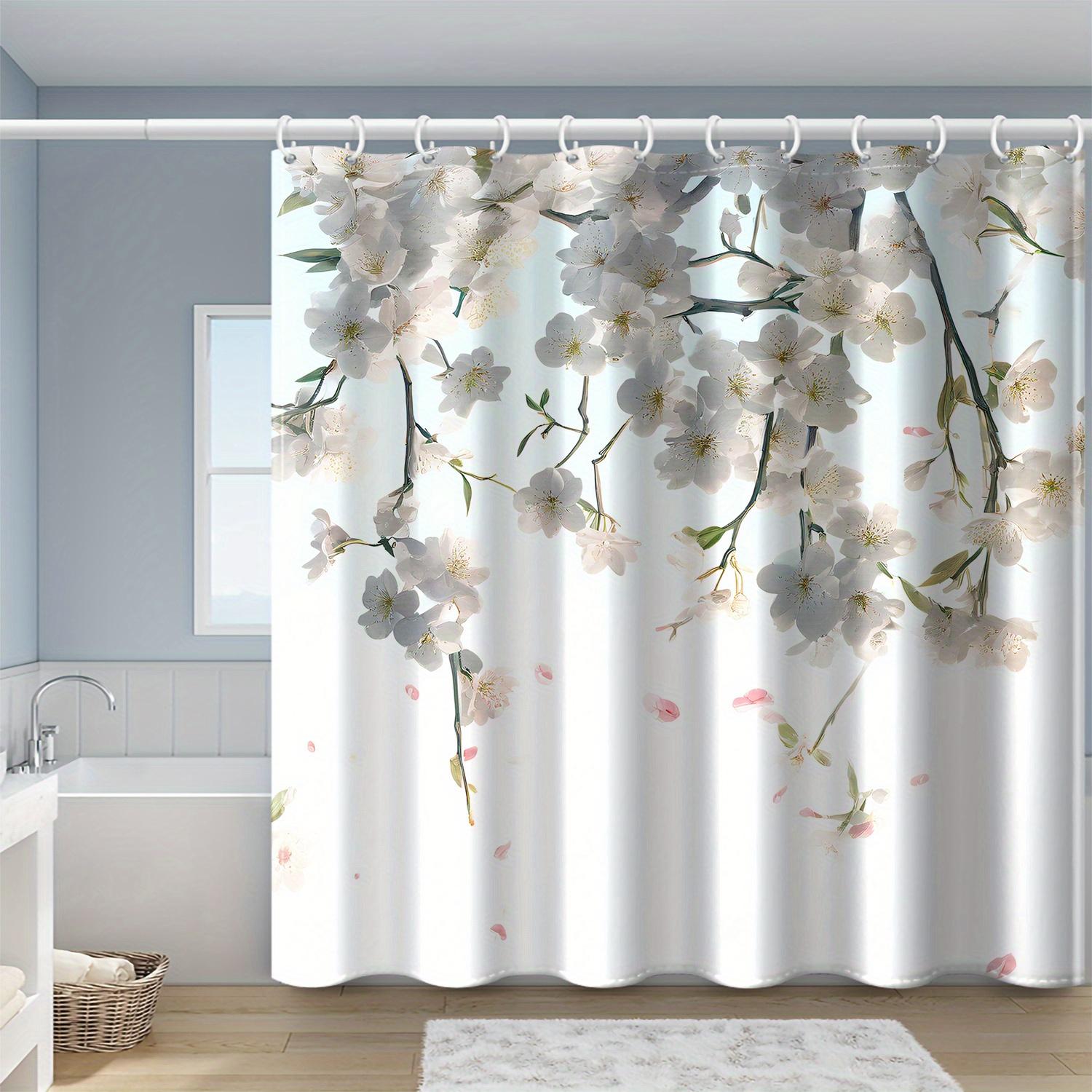 

Elegant White Single Panel Pear Blossom Print Shower Curtain | Polyester, Machine Washable, Unlined, Four Seasons Bathroom Decor 90X180cm