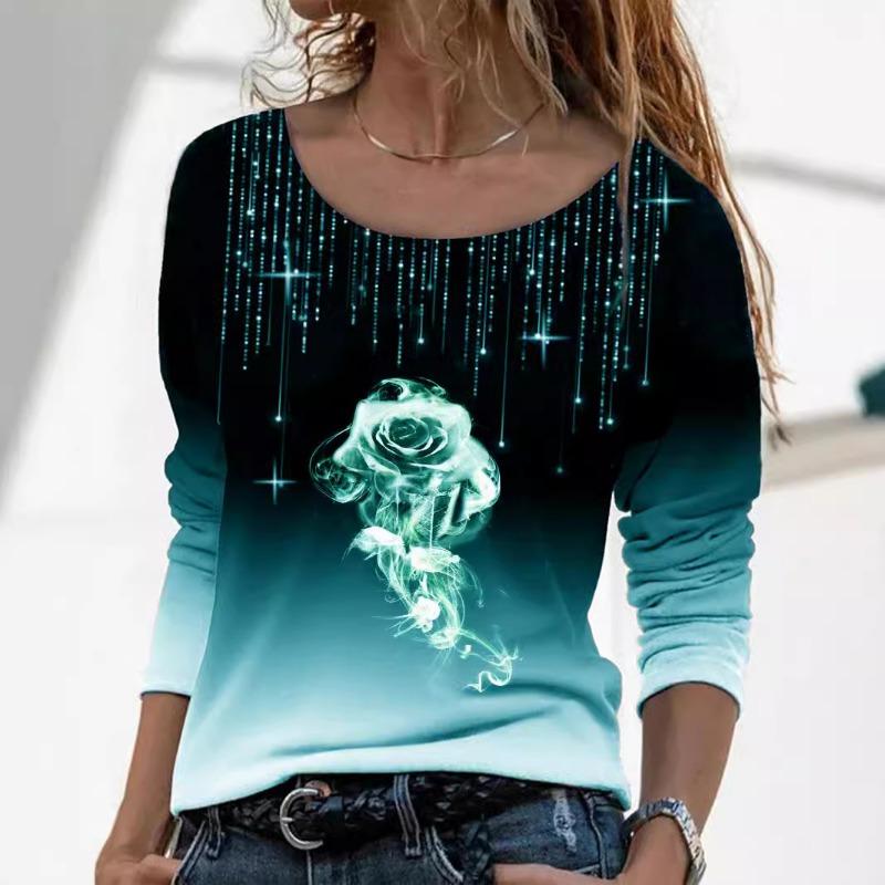 

Весна Осень Длинные Рукава Свободный Круглый Вырез Повседневный Пуловер Роза Принт Футболка для Женщин 6XL зелёный