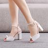 Women Heeled Sandals Summer Buckle Strap PU 9CM  Square Heel Simple White Pearl Bridal Dress Wedding Dress Shoes Women Shoes