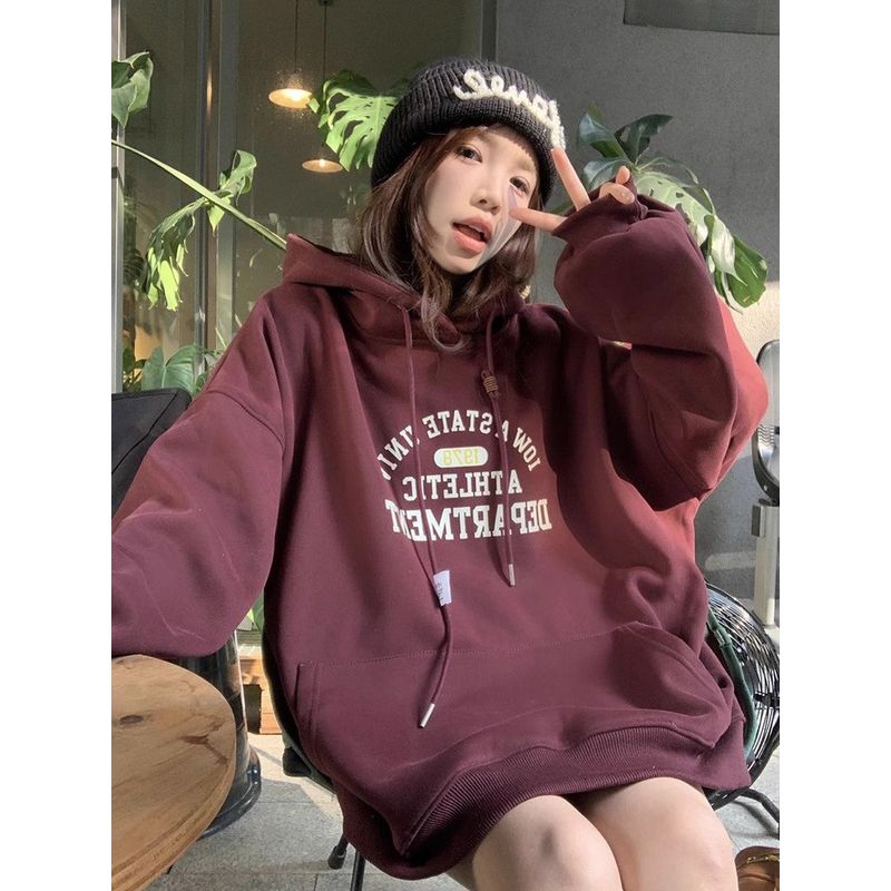Retro Print Drawstring Hoodie Female New Arrival Loose and Lazy Style Autumn Fleece Thick Warm Jacket Tops