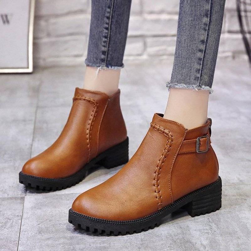 Fashion Elegant with Medium Heels Leather Warm Ankle Boots for Women Autumn Winter Round Toe Booties Designer Luxury Woman Short Shoes