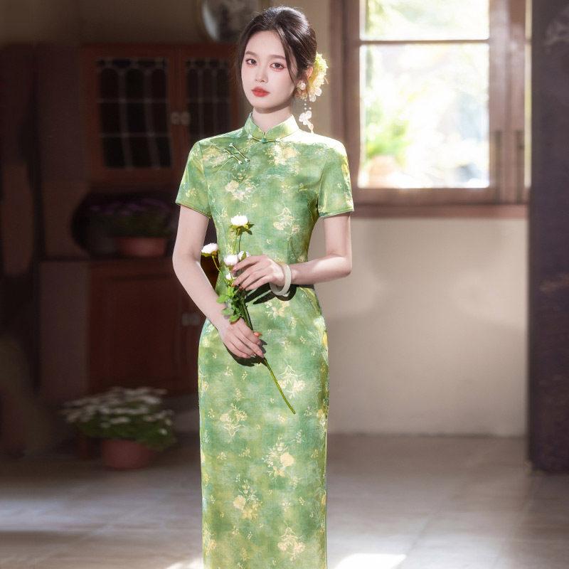 Green send test national style new Chinese style Suzhou long cheongsam improved young women's high sense can be worn daily in summer