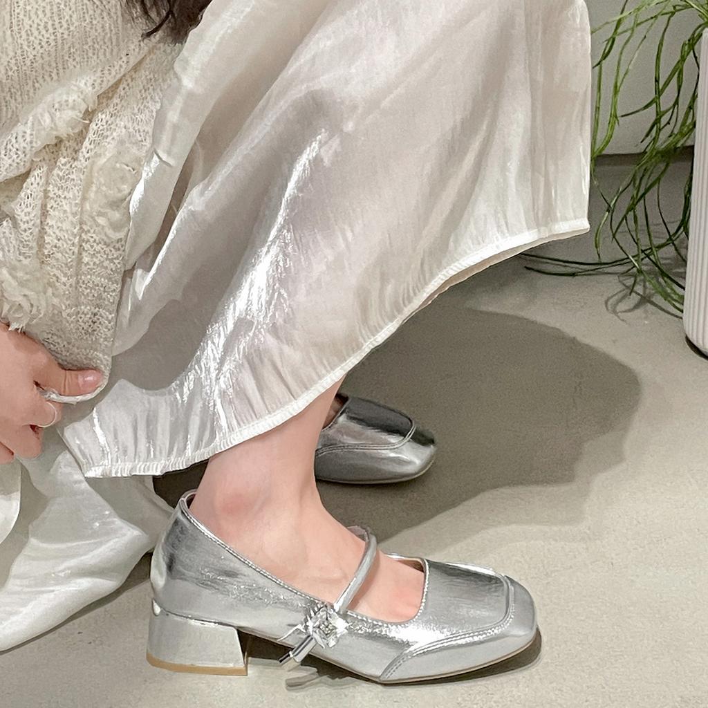 White retro French square head thick high-heeled single shoes women's 2025 new summer versatile height-increasing shallow mouth Mary Jane shoes