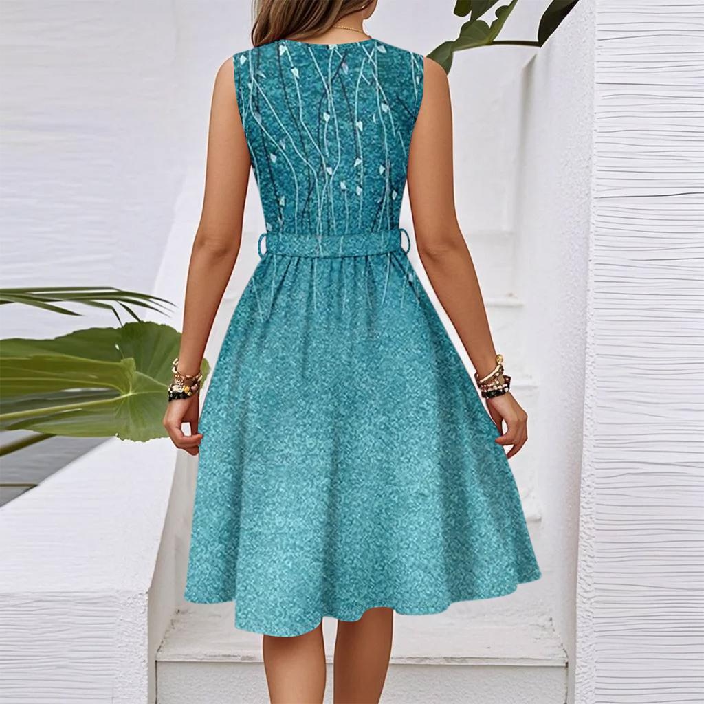 Damen Frühling und Sommer Casual V-Ausschnitt Ärmellose Taille Blumendruck Midikleid