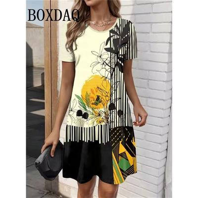 2025 New Women's Casual Dress Summer Bohemian Elegant Women's O-Neck Short Sleeve Dress Fashion Painted Printed Loose Mini Dress