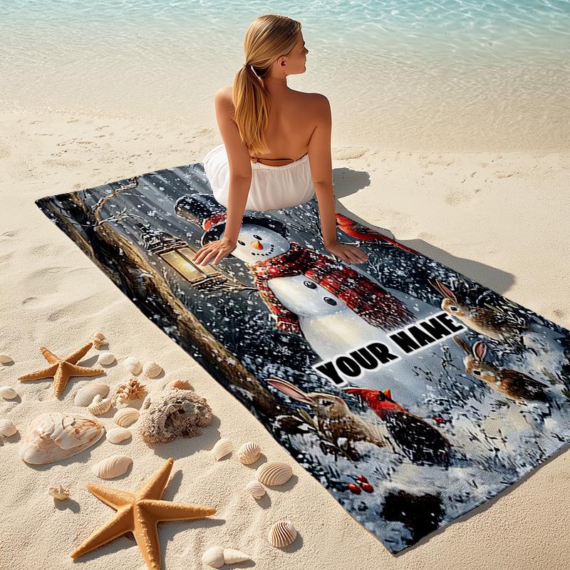 1PC Custom Name Winter Snowman Birds Beach Towel Highly Absorbent And Sand-Resistant Towel for Swimming, Pool, Yoga, And Travel Lightweight