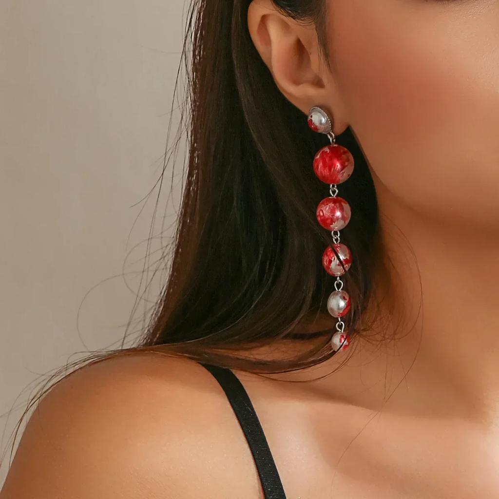 Halloween Retro Multilayer Red Pearl Beaded Pendant Necklace Set for Women Personality Blood Drop Tassel Collar Bone Jewelry