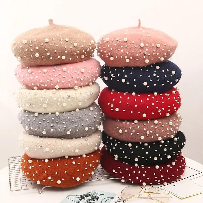 Woolen Pearl Berets Woman Autumn and Winter Warm Korean All-matching Japanese Cashmere Painter Hat British Retro Pumpkin Hats