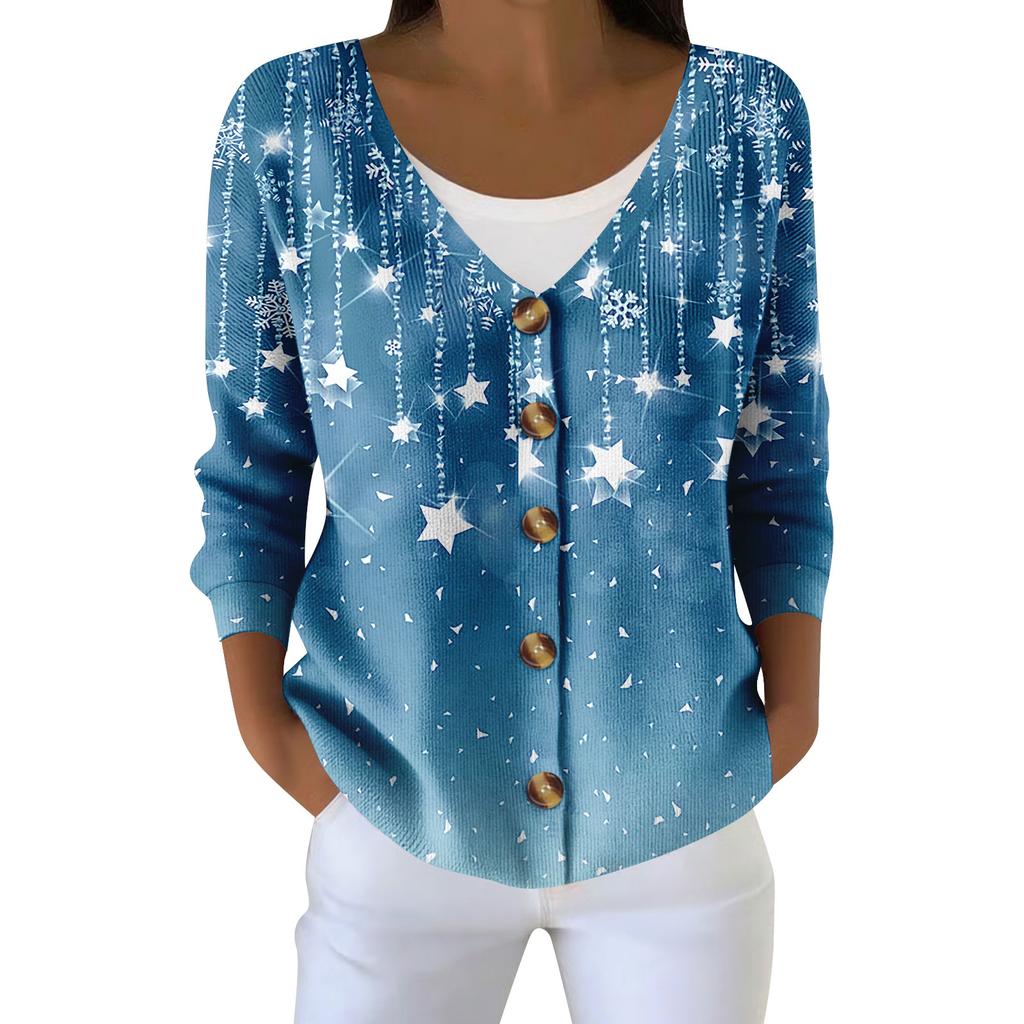 Damemote Langermet Christmas Snowman Snowflake Print Jakke Cardigan